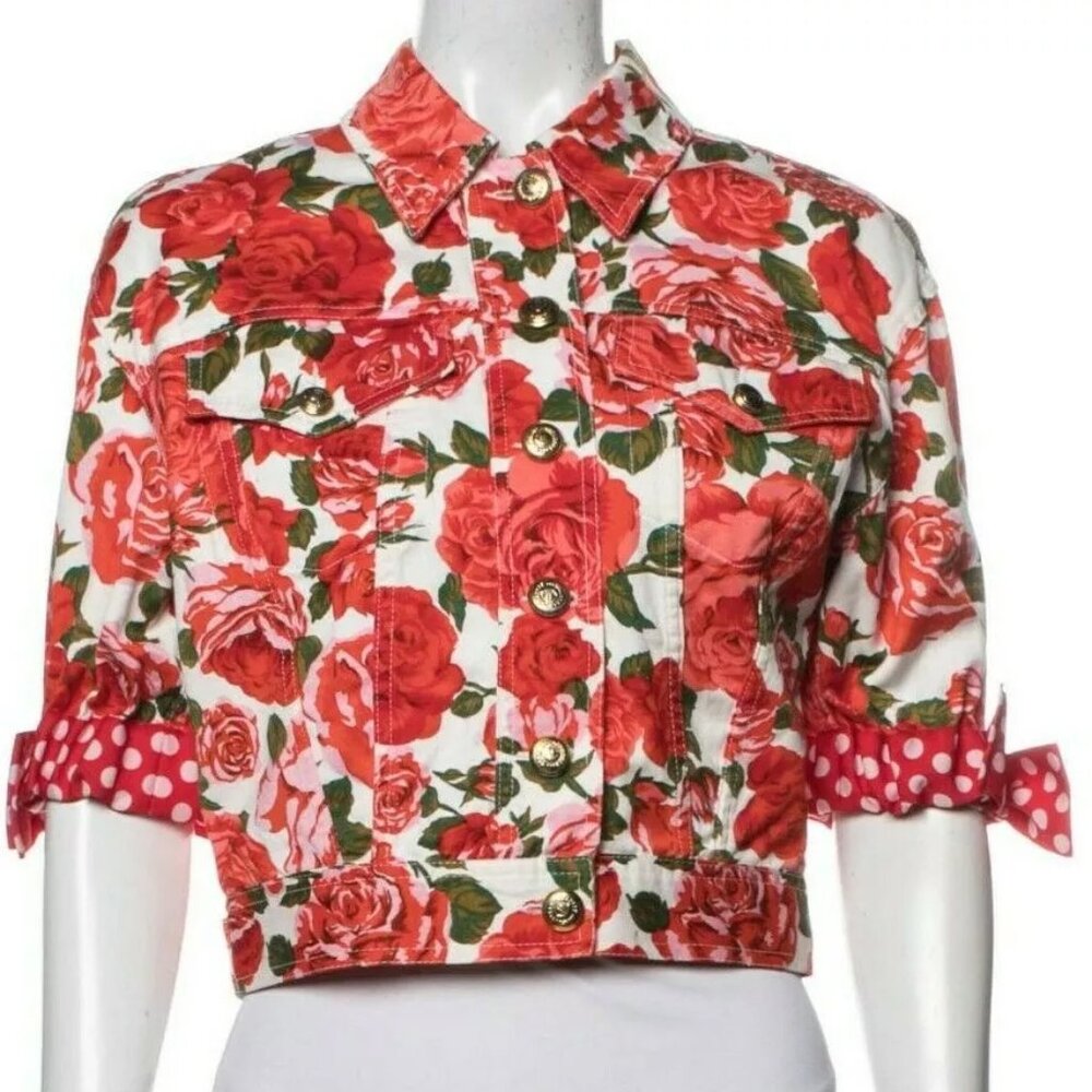 Moschino Italian IT42 Floral Red Rose Bud Polka Dot Bow Jean Jacket USA Sz 8